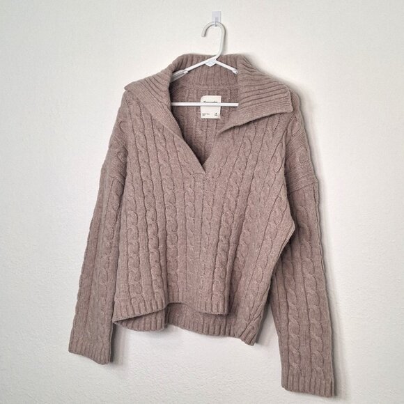 Abercrombie & Fitch Cable Sweater Sz M Oversized Notch-Neck Preppy Boho Neutral - Picture 3 of 13